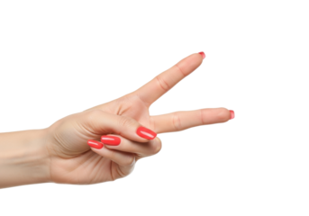 Isolated hand gesture making the peace sign with red nails, no face, adult person