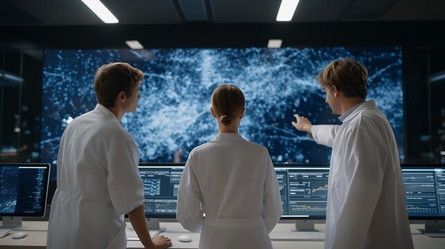 A medical team reviewing microbiome results on a wall-sized digital dashboard, bacterial populations displayed like dynamic constellations — clinical innovation, big-data microbiology, and - Powered by Adobe
