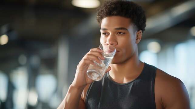 A fitness enthusiast sipping collagen-infused electrolyte water after a workout, gym environment glowing with natural light — active lifestyle recovery, joint health support, and