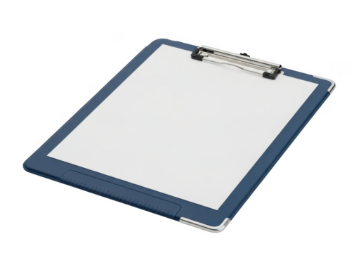 A blue clipboard with a blank white paper sheet isolated on transparent background - Powered by Adobe