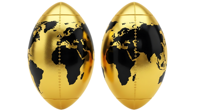 Golden footballs with world map design, isolated on black.