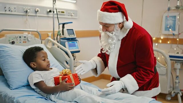 Santa Claus giving a gift to a child at the hospital.	
