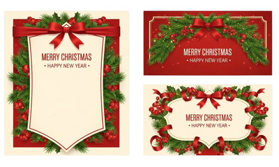 Christmas and Happy New Year greeting card vector set â€” cream and red classic Christmas frames with pine leaves and ribbons, festive theme for cards, posters and packaging.