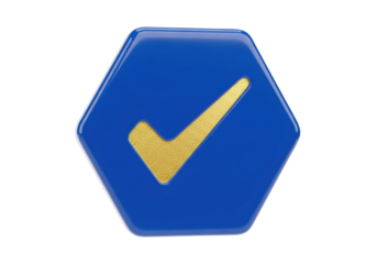 Isolated Blue Hexagon With Golden Checkmark is associated with correctness, quality, validity