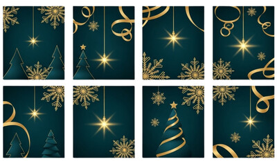 Christmas vector poster set with gold snowflakes, ribbon ornaments, glowing star and abstract tree forms in dark teal â€” luxury festive design for Christmas cards.