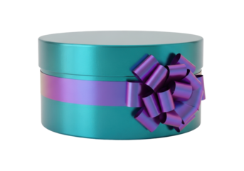 Isolated Round Gift Box with Ribbon and Bow in Shades of Teal and Purple for Celebrations