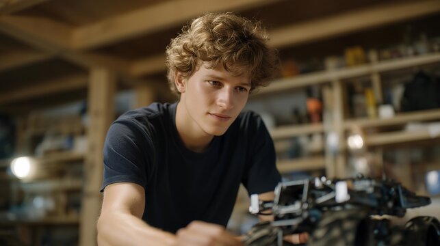 A robotics hobbyist calibrating a homemade AI-driven rover in their garage, tweaking wheel alignment and ultrasonic sensors as the robot performs test maneuvers — DIY robotics, maker culture, and