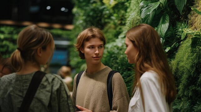 A sustainability expo booth featuring a vertical garden wall, solar-powered gadgets, and eco-friendly materials as visitors scan QR codes for green solutions — environmental technology exhibition,