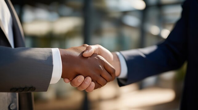 A crisp handshake between two professionals in a glass-walled office, sunlight highlighting the sharpness of suits and polished surfaces — business agreement, corporate clarity, and deal-making