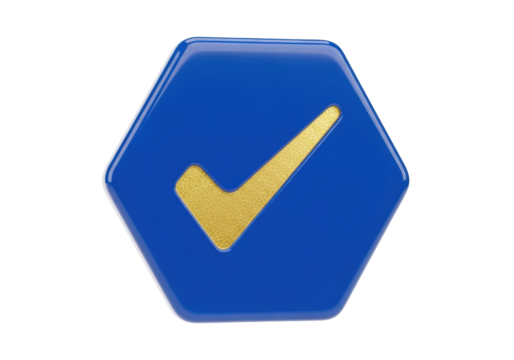 Isolated Blue Hexagon With Golden Checkmark is associated with correctness, quality, validity
