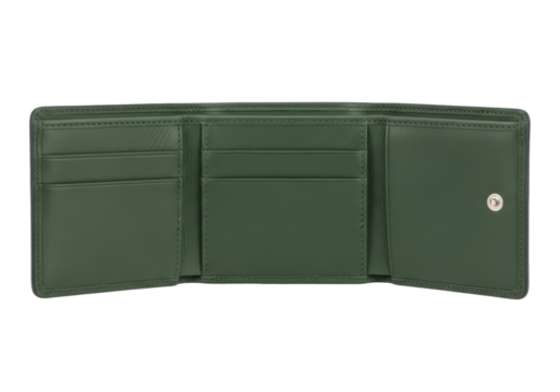 Isolated green leather wallet or billfold is open to show pockets and snap closure, style shot