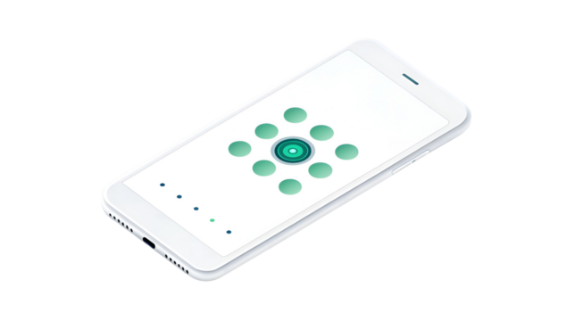 White isometric smartphone displaying a connectivity map or network hub interface on the screen isolated on transparent background