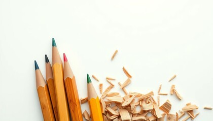 Close-up of sharpened pencils and wood shavings on pristine white backdrop,  craft,  wood