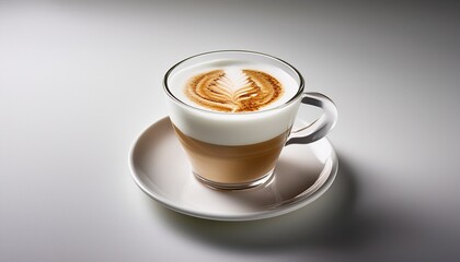 Obraz premium Fresh Cappuccino Served In A Transparent Glass Cup On A White Saucer With Creamy Milk Foam And Delicate Latte Art Swirl Minimal Style