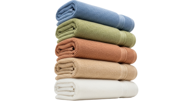Isolated stack of rolled up new and clean towels for drying and personal hygiene use