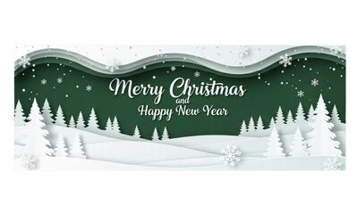 Horizontal green Merry Christmas and Happy New Year greeting card header banner in paper art style with snowy winter landscape snow covered trees for holiday message and festive background