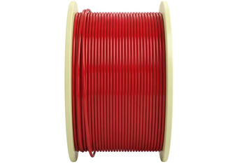 Isolated roll of red plastic tubing with tan sides, electrical material on a reel or spool