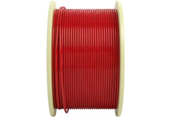 Isolated roll of red plastic tubing with tan sides, electrical material on a reel or spool