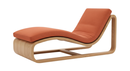 Isolated chaise lounge armchair with light wood frame and orange cushion indoors home decor