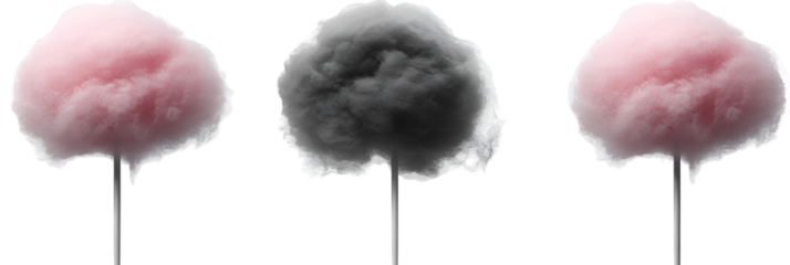 Fluffy cotton candy swirls in pink and gray with transparent background