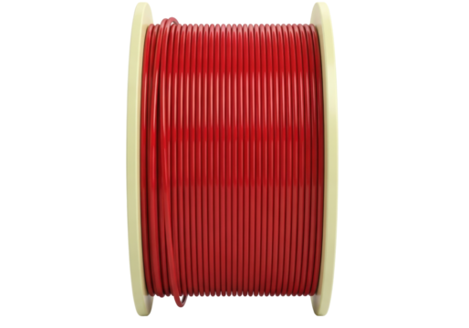 Isolated roll of red plastic tubing with tan sides, electrical material on a reel or spool