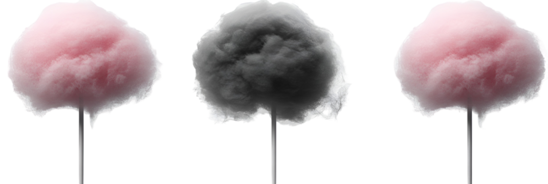 Fluffy cotton candy swirls in pink and gray with transparent background