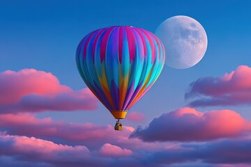 Obraz premium Hot Air Balloon Flight at Sunset with Moon and Pink Clouds