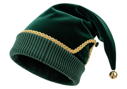 Isolated green elf cap or Santa helper hat with gold trim and bell, winter Christmas accessory