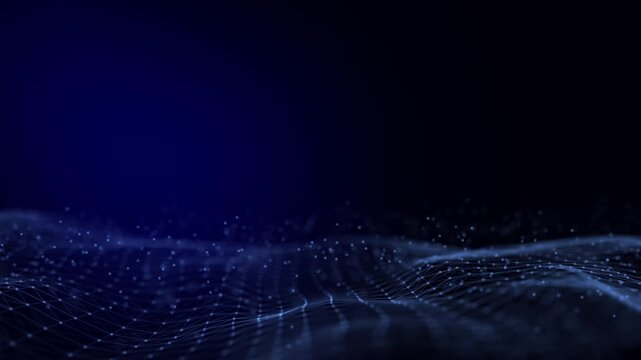 Big Data concept. Elegant blue digital wave with binary particles on a dark background, depicting modern technology and data flow concept.