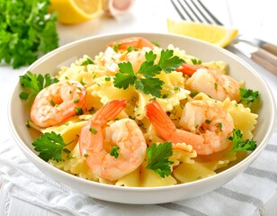 Bowtie pasta with shrimp and parsley garnish in a bowl, set against a white backdrop with lemon and garlic