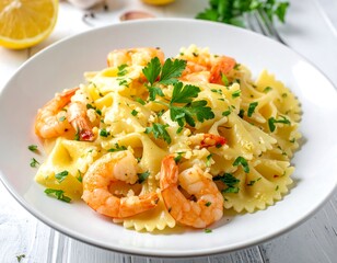 Bowtie pasta with shrimp, parsley, and a creamy sauce in a white bowl with lemon wedges on a white wooden table