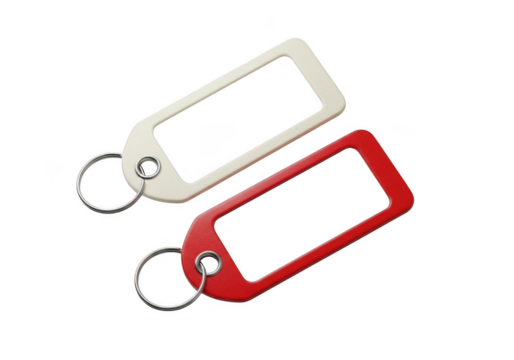 Two blank rectangular key tags one white and one red isolated on transparent background