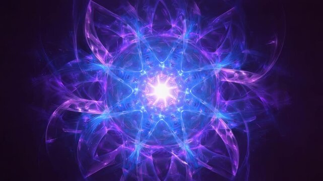 Abstract fractal mandala glowing blue and purple pattern decorative design element on dark backgroun