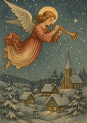 Fototapeta premium Angel playing trumpet over snowy village.
