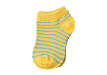 Isolated ankle socks yellow with blue stripes. Stylish casual footwear in studio shot