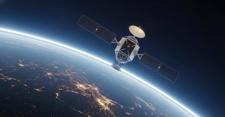 Obraz premium Modern satellite orbits Earth for global telecommunications and data transmission, satellite facilitates communication links across continents.