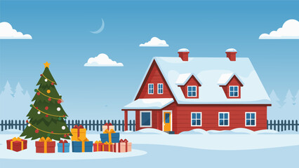 Christmas Winter Scene Cozy House with Snow, Presents, and a Festive Illustration