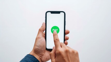 Close-up shot of a person's hand interacting with a mobile phone screen displaying a payment symbol. It represents financial transaction and digital finance concept