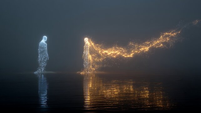 two figures made of light particles slowly drifting apart, glowing dust trails connecting them faintly, emotional separation concept, surreal cinematic art, v7 