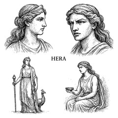 Hera Greek Goddess of Marriage in Vintage Engraving Style Transparent Background