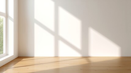 Fototapeta premium sunlight casts long shadows on a white wall in a modern room, creating a sense of serenity and space