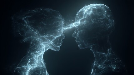 two human profiles facing each other, linked by glowing neural threads across dark void, mind-to-mind connection concept, futuristic style, v7 high detail 