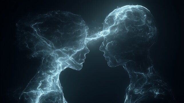 two human profiles facing each other, linked by glowing neural threads across dark void, mind-to-mind connection concept, futuristic style, v7 high detail 