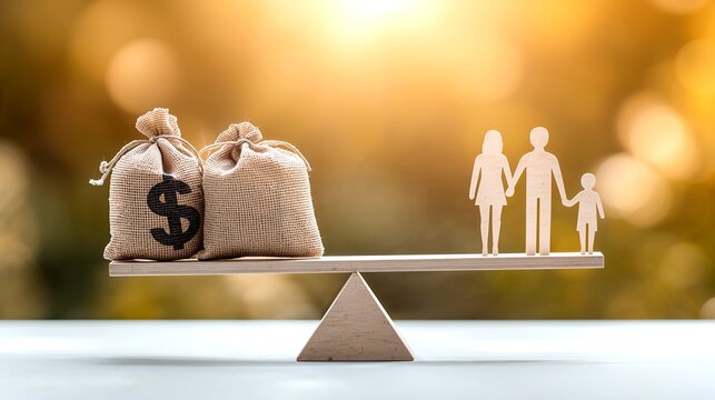 A visual metaphor for the value of family and finance. Family is standing in the opposite side of money bags on the balance scale 