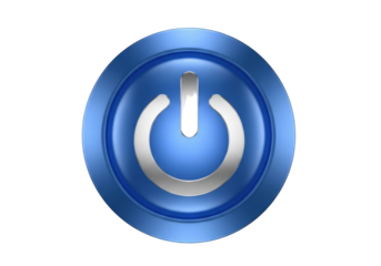 Isolated blue power on off button, circle shape and metallic gray symbol, computer icon
