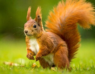 A vibrant red squirrel stands on green grass, looking alert with its bushy tail and pointed ears