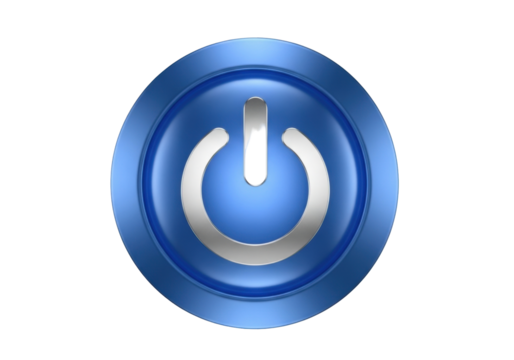 Isolated blue power on off button, circle shape and metallic gray symbol, computer icon