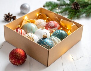Box of assorted decorative Christmas ornaments sits beside evergreen sprigs & pinecones, lit by warm fairy lights