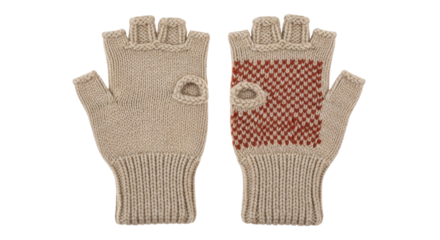Isolated fingerless knit gloves, beige hand warmers with thumb holes, fall-winter season clothing