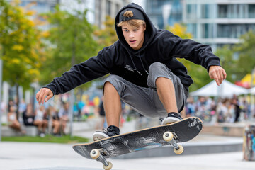 Teenager performs skateboard trick in urban park during sunny afternoon